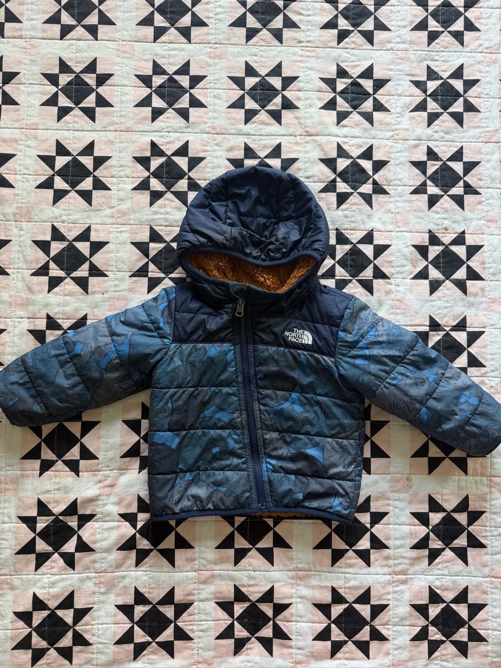The North Face Navy and Light Blue Camouflage Puffer Jacket